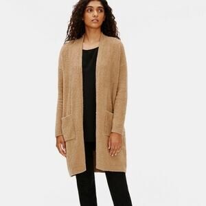 Eileen Fisher Honey Organic Cotton Boucle Long Cardigan Teddy Brown‎ Cozy Medium